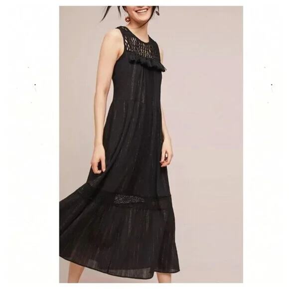 Anthropologie Maeve Abilene Dress Black Gold Shimmer Tassel Crochet Midi ALine S - Picture 2 of 9
